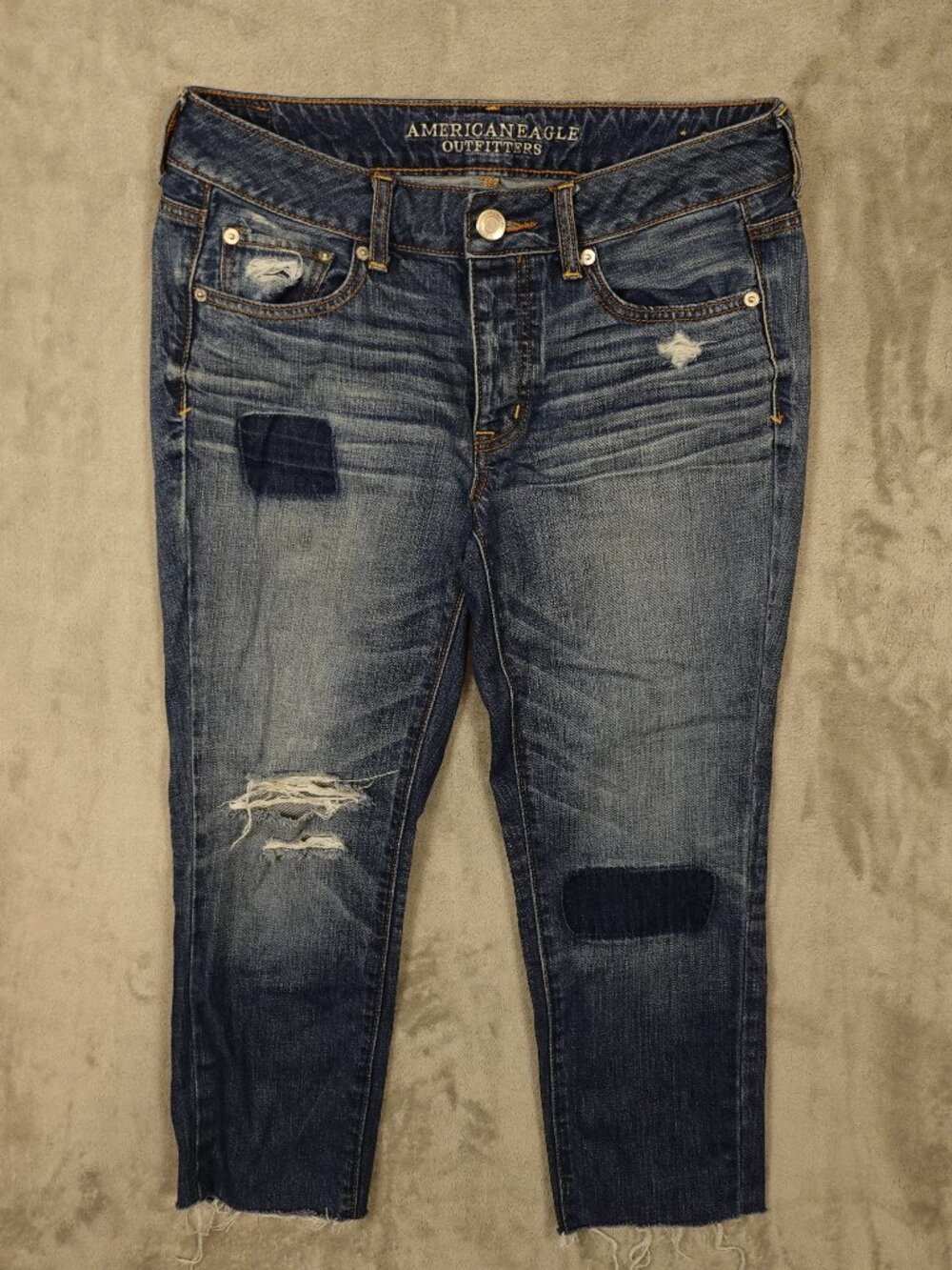 American Eagle Boy Crop‎ Jeans Women's 4 Distressed Patchwork Raw Hem Denim